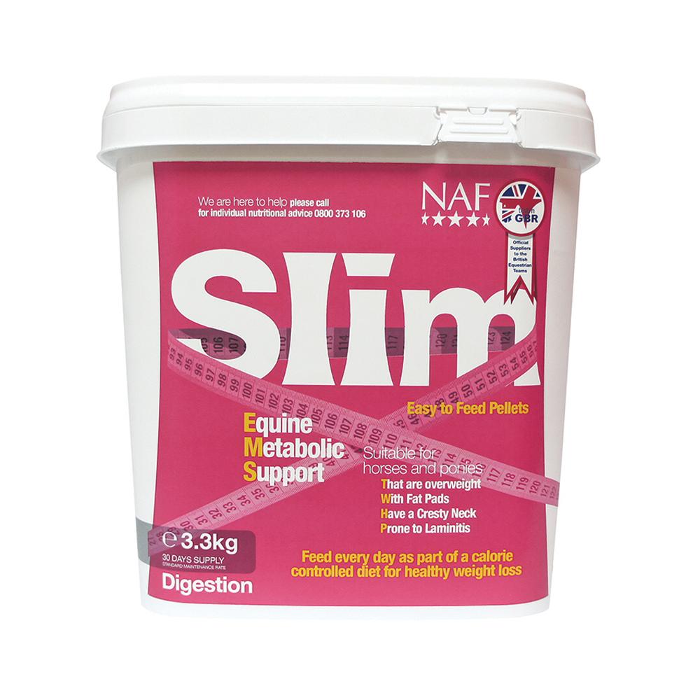 NAF Slim 3.3kg white tub for equine weight control, with pink tape measure graphic.