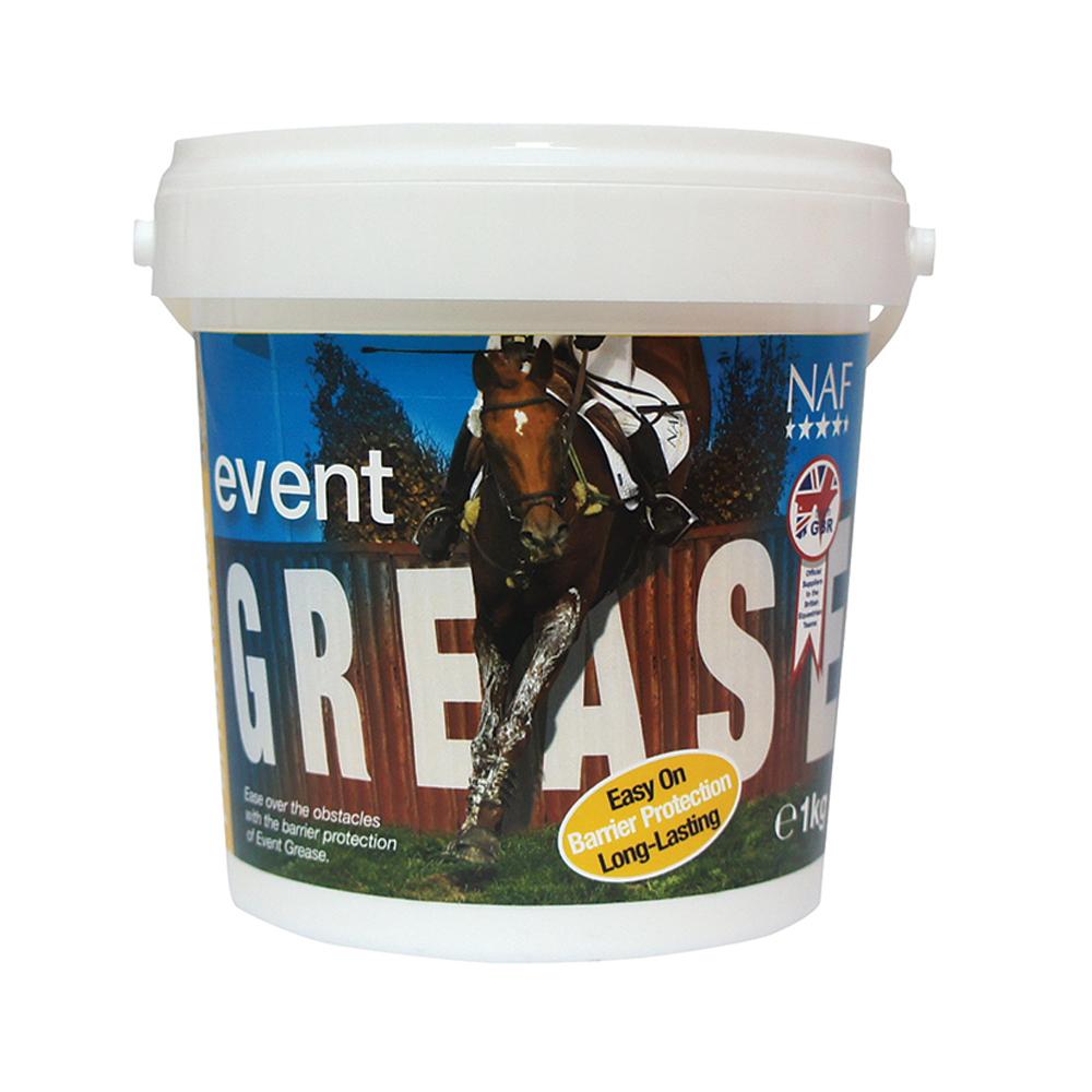 NAF Event Grease in a white tub for cross country horse protection, with a jumping horse on label.