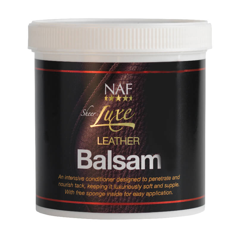 A 400g NAF Sheer Luxe Leather Balsam, a tack care essential with a white lid and black label.