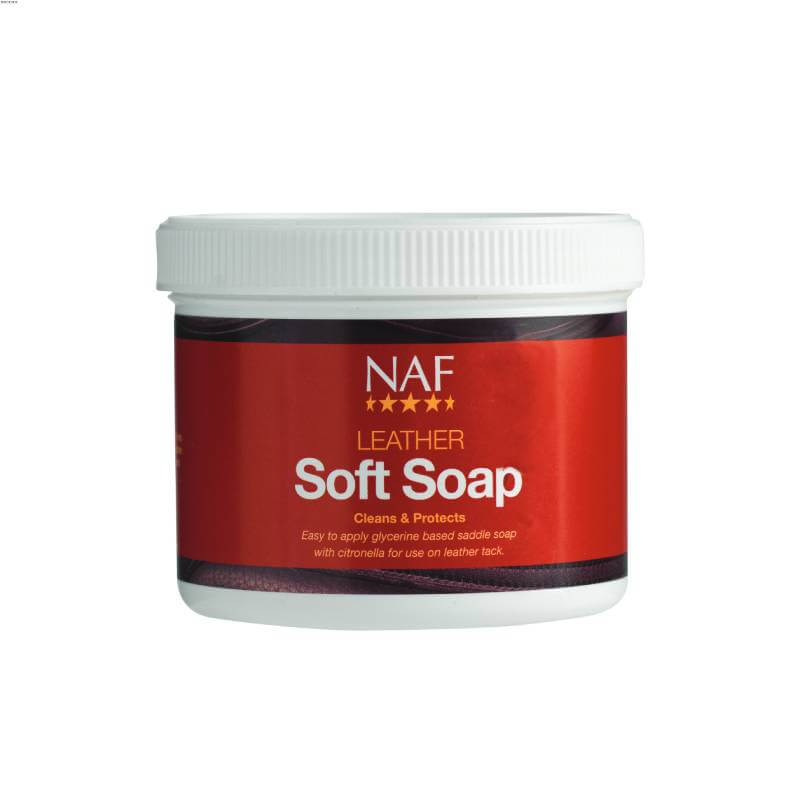 A white tub of NAF Leather Soft Soap 450g with a red label and white lid.