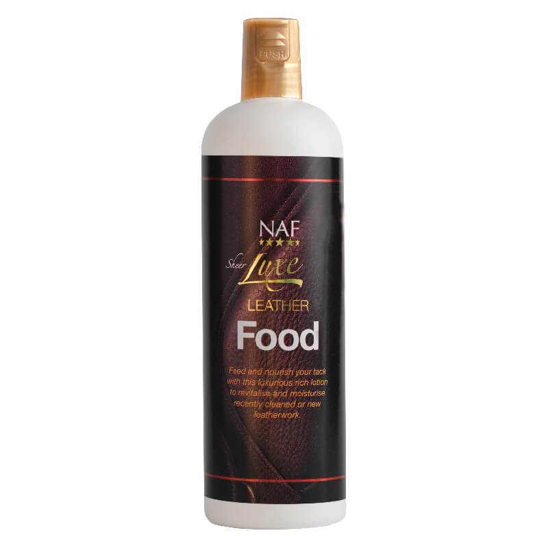 NAF Sheer Luxe Leather Food 500ml white bottle with gold cap and black label.