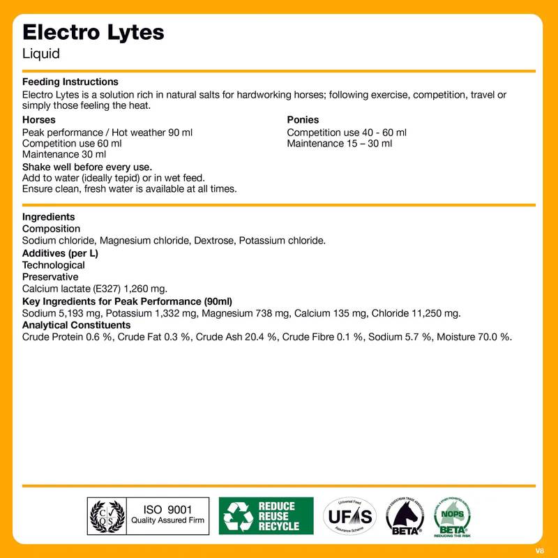NAF Liquid Electro Lytes 1Ltr label with feeding instructions, ingredients, and certifications.