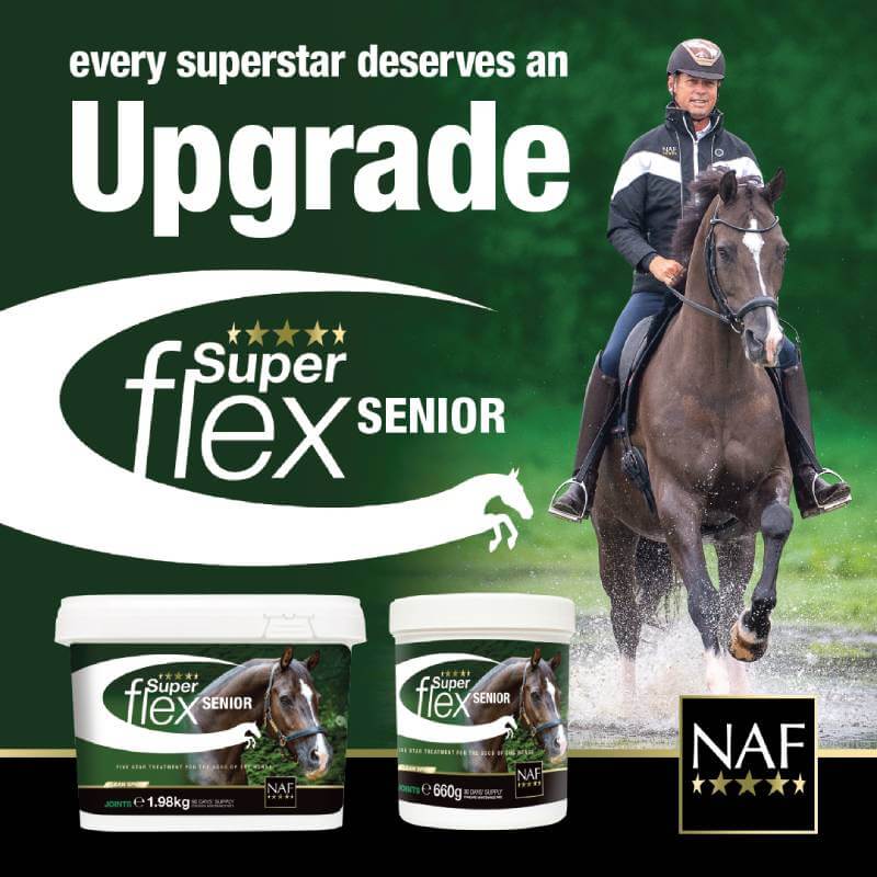 A rider on a horse with NAF Superflex Senior joint tubs and NAF branding in the foreground.