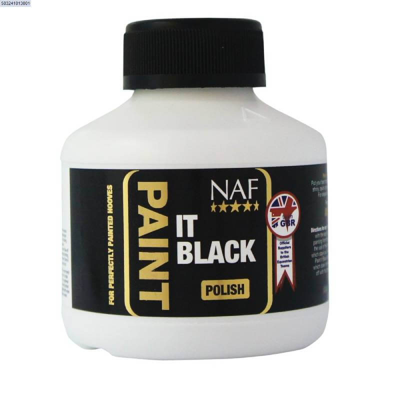 White 250ml NAF Paint it Black Polish bottle with a black screw cap.