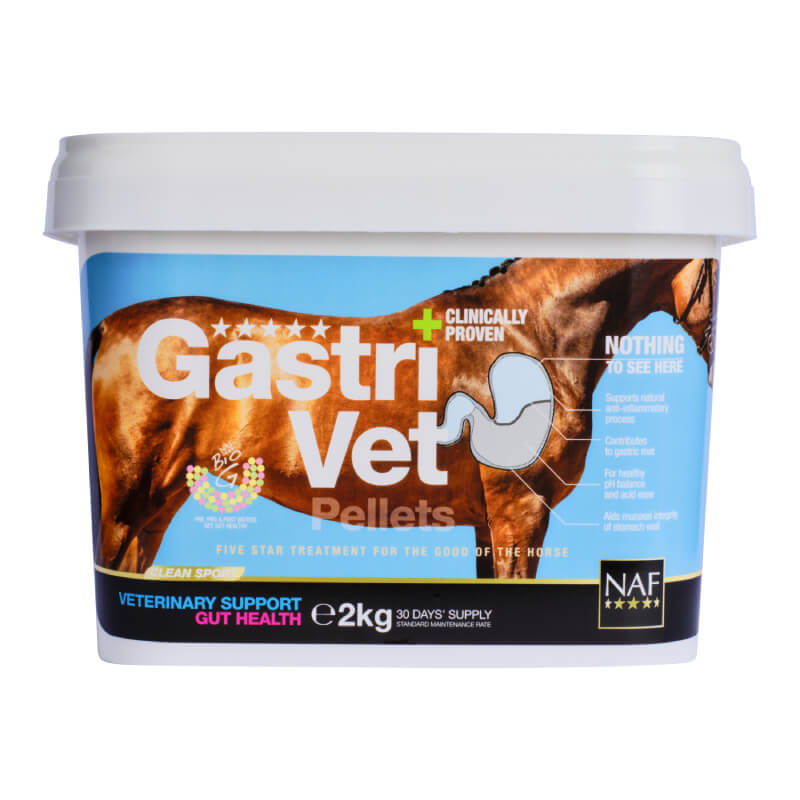 White tub labeled NAF Gastrivet Pellets with blue/yellow accents for gastric support in horses.