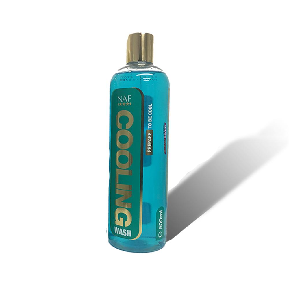 NAF Cooling Wash 500ml: blue liquid with a gold cap to refresh tired muscles.