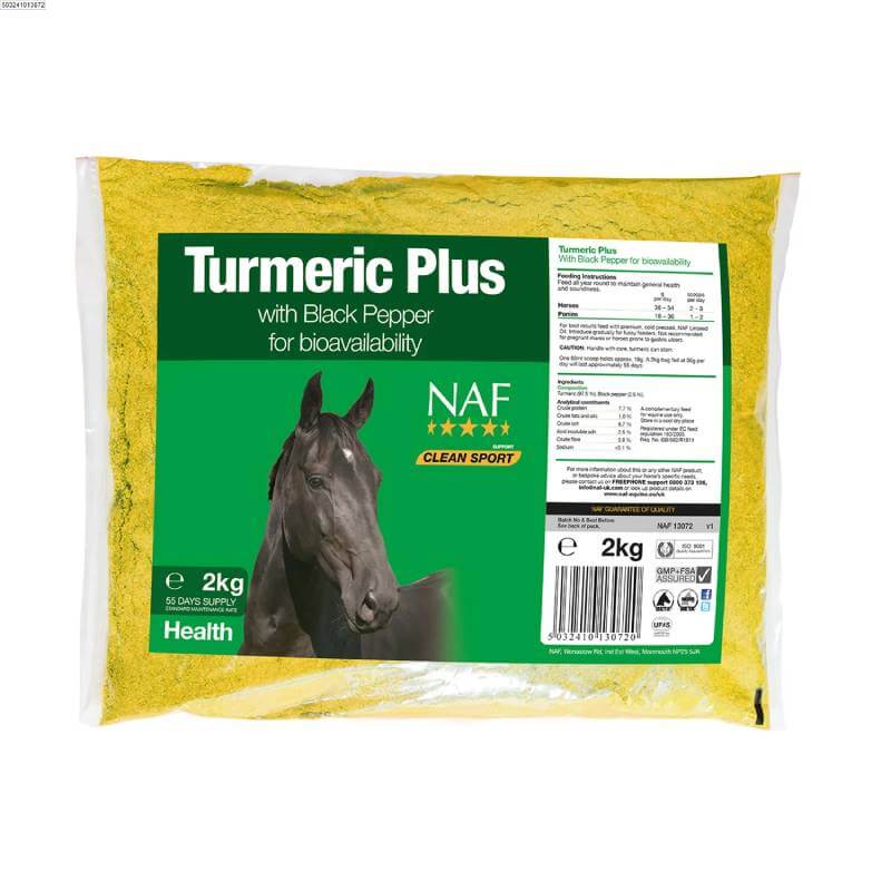 NAF Turmeric Plus with Black Pepper horse supplement, green label, for improved bioavailability.