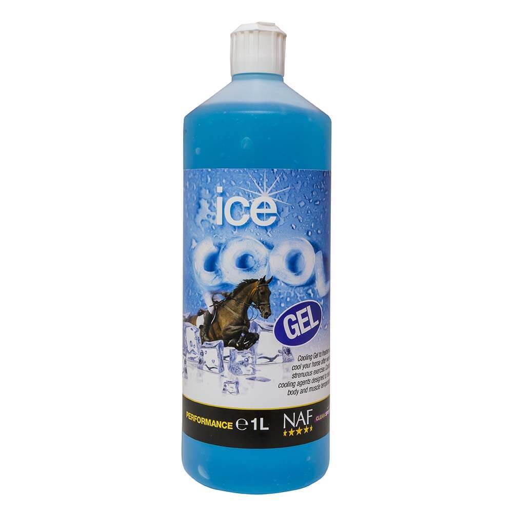 NAF Ice Cool Gel: Blue gel bottle for horse legs, features ice cubes on the label.