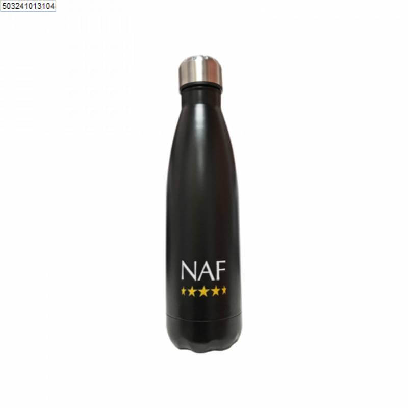 NAF Reusable Bottle: black with silver cap, NAF label above four yellow stars.