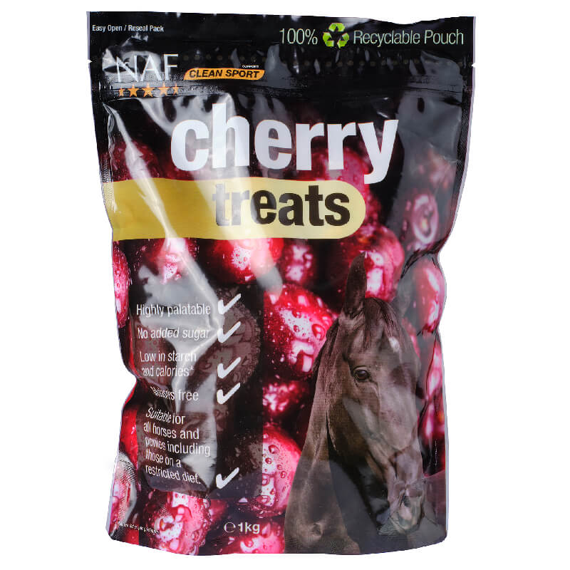 NAF Cherry Treats 1kg horse treats with cherries on the pack.