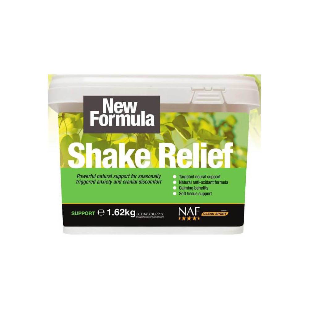 NAF Shake Relief 1.62kg supports horses with green leaves behind.