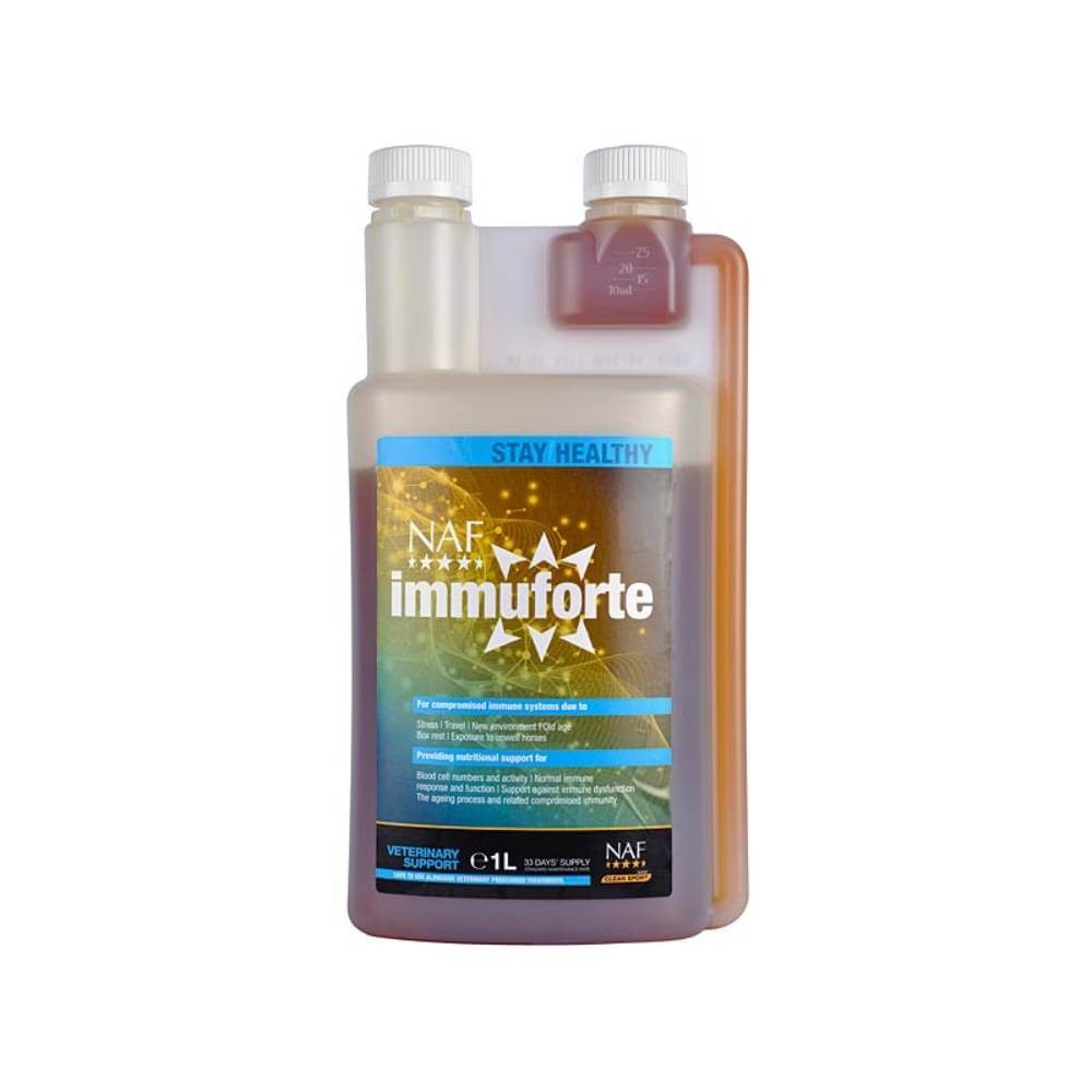 NAF Immuforte Liquid 1L, blue/yellow label, supports immune system.