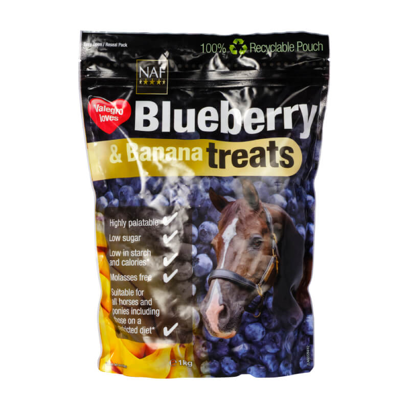 NAF Blueberry &amp; Banana Treats bag with horse and fruit on the NAF packaging.