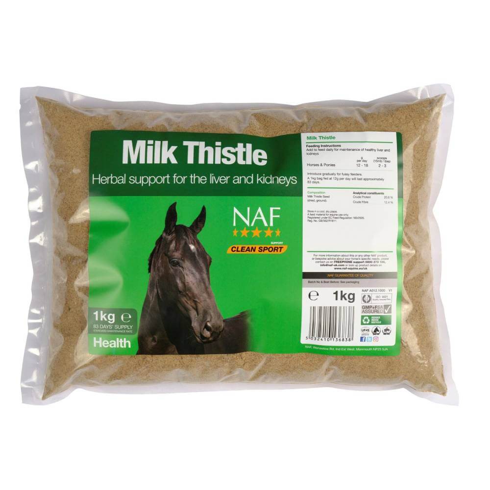 NAF Milk Thistle 1kg supports liver health and herbal wellbeing in horses.