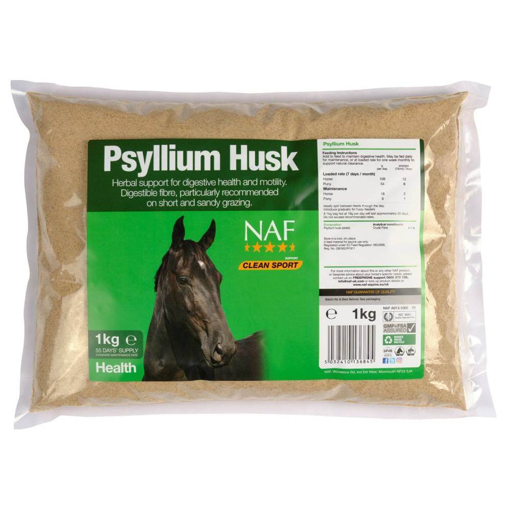 NAF Psyllium Husk Powder 1kg supports horses' digestive health with a clear info label.