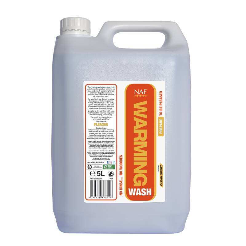 A 5L container of NAF Warming Wash with an orange and white label.