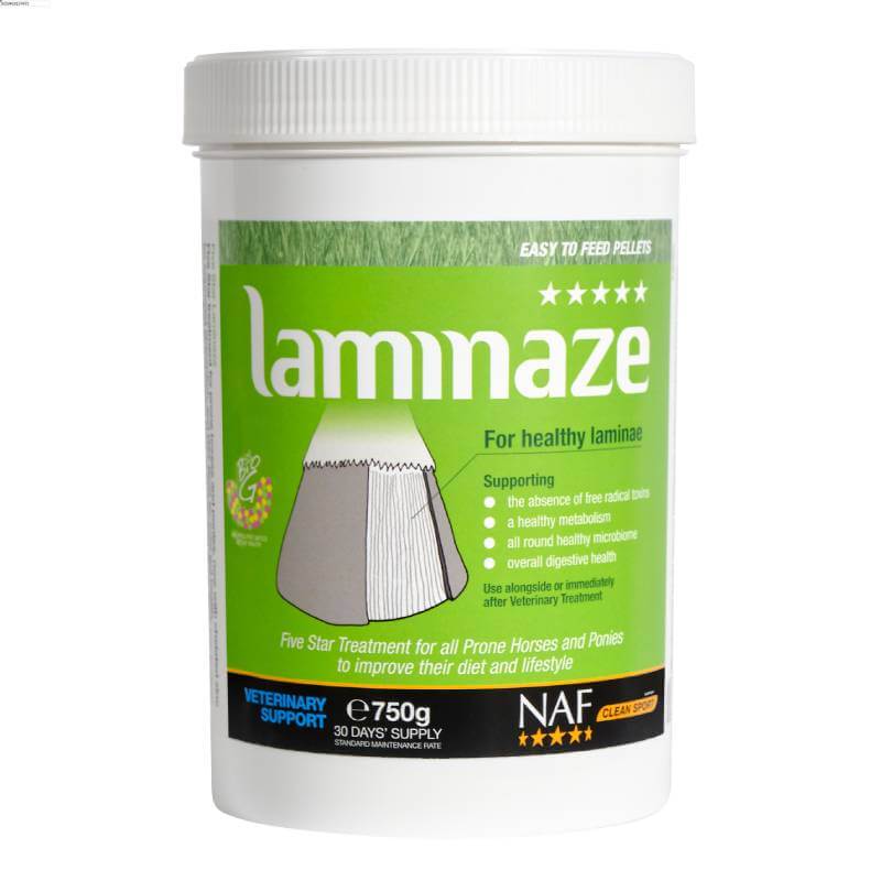 NAF Five Star Laminaze Pellets, white tub with green label, for hoof and digestive support.