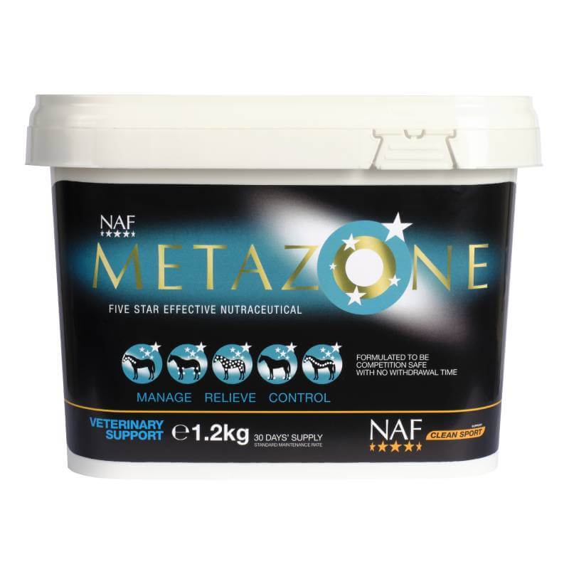 NAF Five Star Metazone 1.2kg supports equine joints; comes in a white tub.