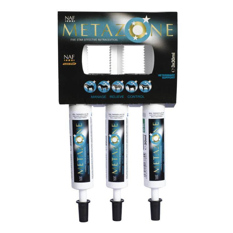Three NAF Five Star Metazone Syringe 3x30ml by NAF in black, blue, and gold packaging.