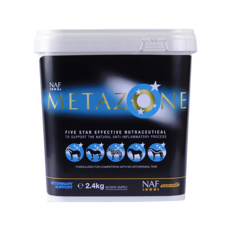 NAF Five Star Metazone Powder 2.4kg—horse anti-inflammatory supplement in white tub.