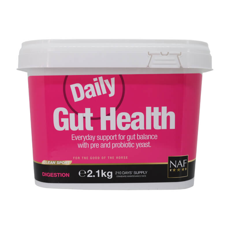 NAF Daily Gut Health 2.1kg tub for horses with pink and white packaging.