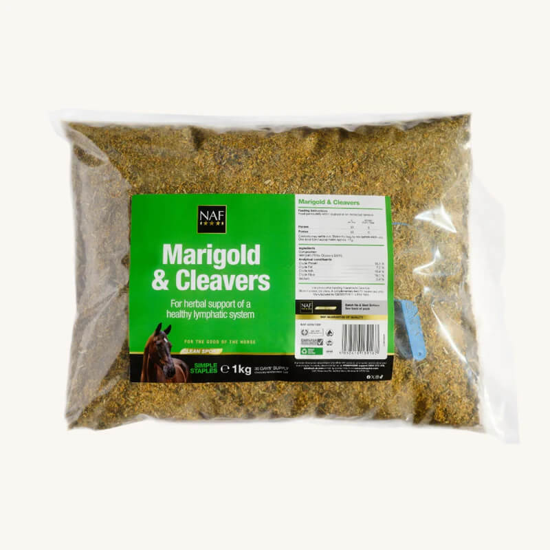 NAF Marigold &amp; Cleavers 1kg—herbal horse supplement for lymphatic support.