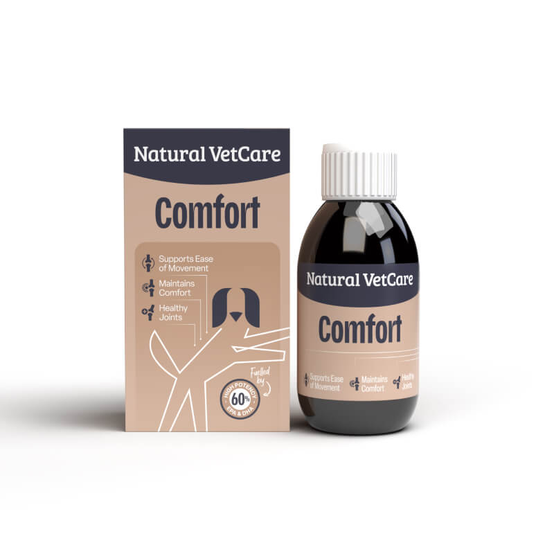 NAF NVC Comfort Oil 100ml bottle for pets, featuring joint support icons.