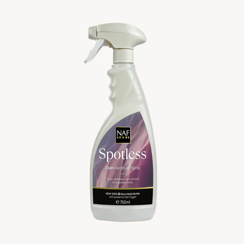 NAF Spotless Stain Remover Spray 750ml: effective horse stain remover in a white bottle.