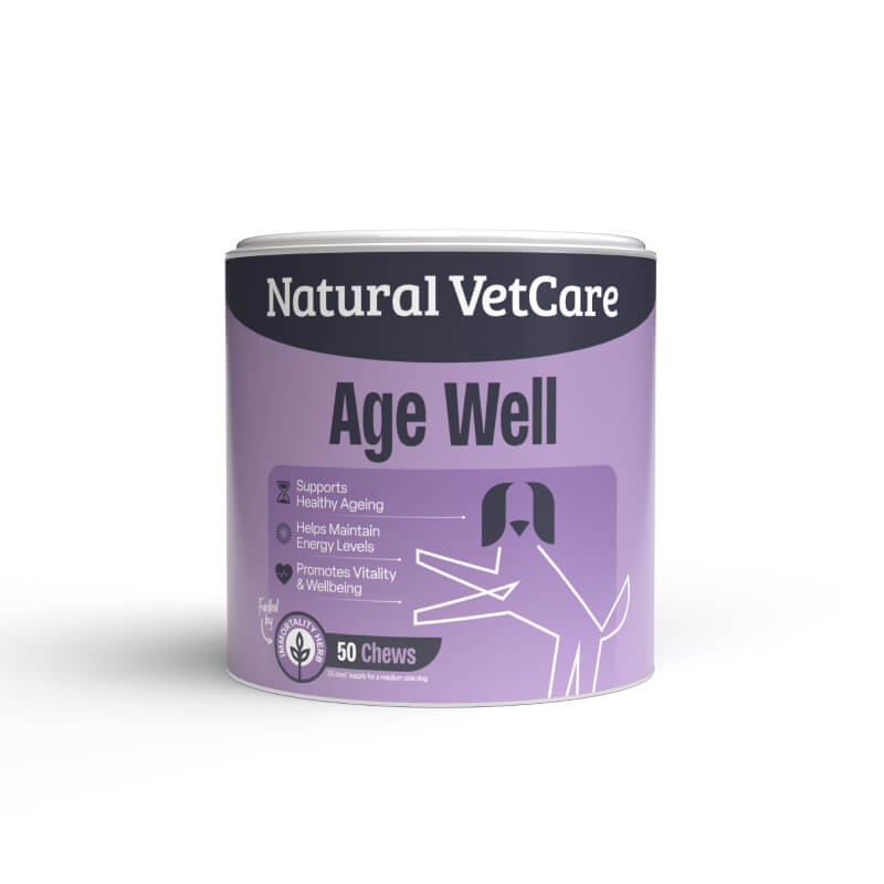 Purple tub labeled NAF NVC Age Well, 50 chews for senior dog vitality and joint support.