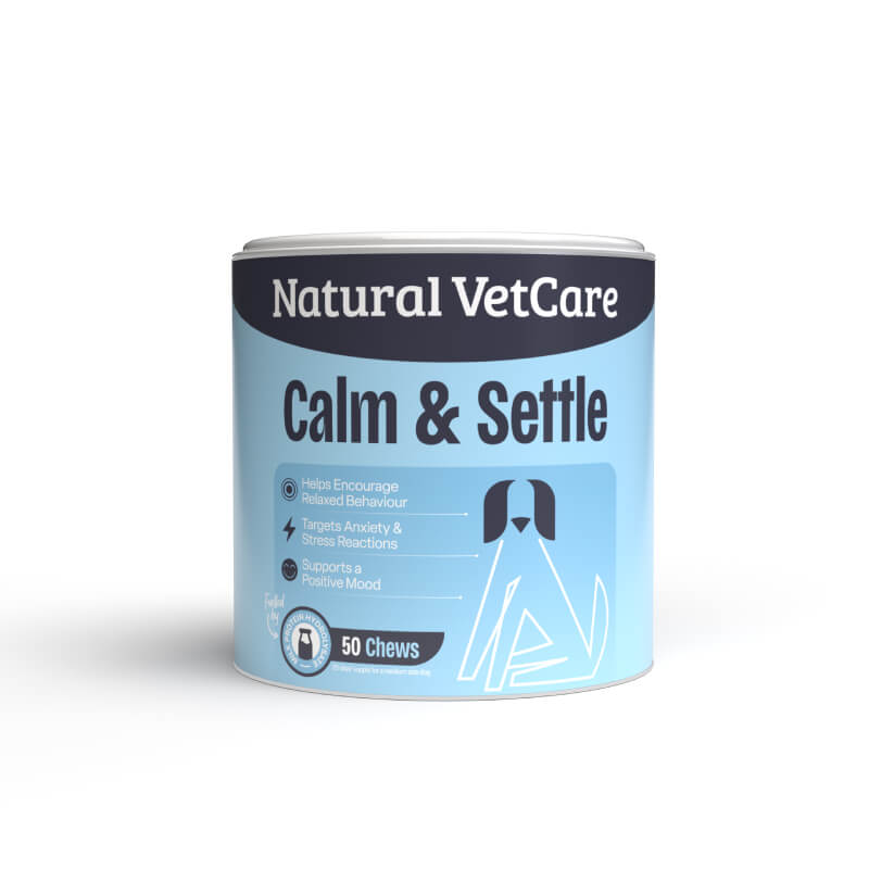 Light blue NAF Calm &amp; Settle 50 Chews, calming dog supplement with dog illustration, 225g.