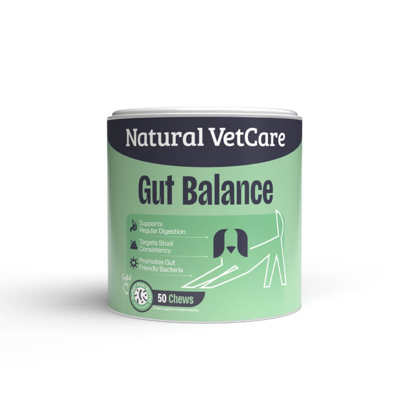 A green NAF tub labeled NVC Gut Balance, 50 chews (225g), for supporting the canine microbiome.