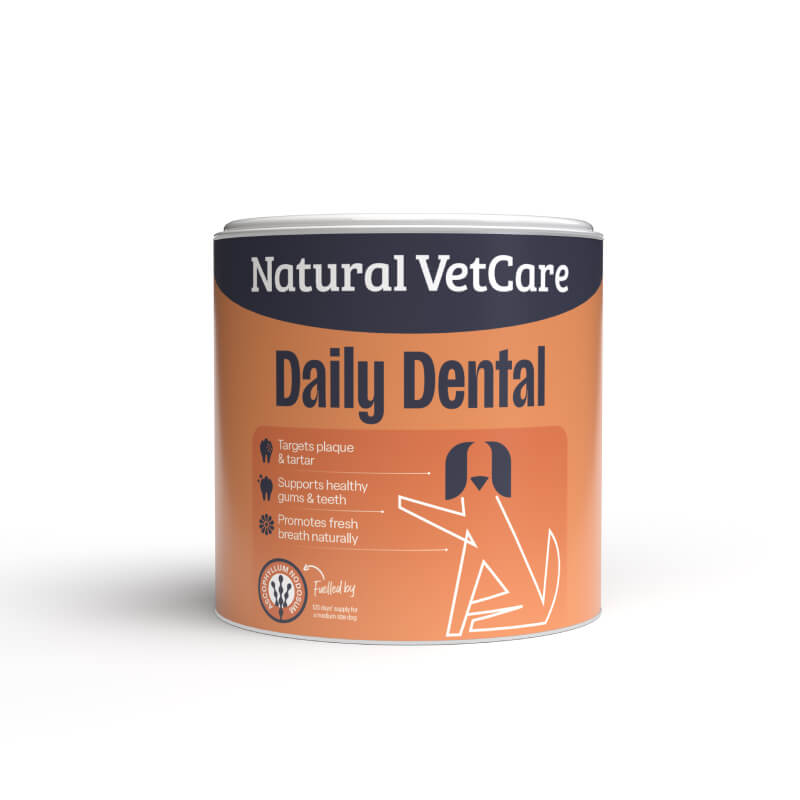 NAF NVC Daily Dental 200g: For dogs’ fresh breath and plaque/tartar control. Orange can.