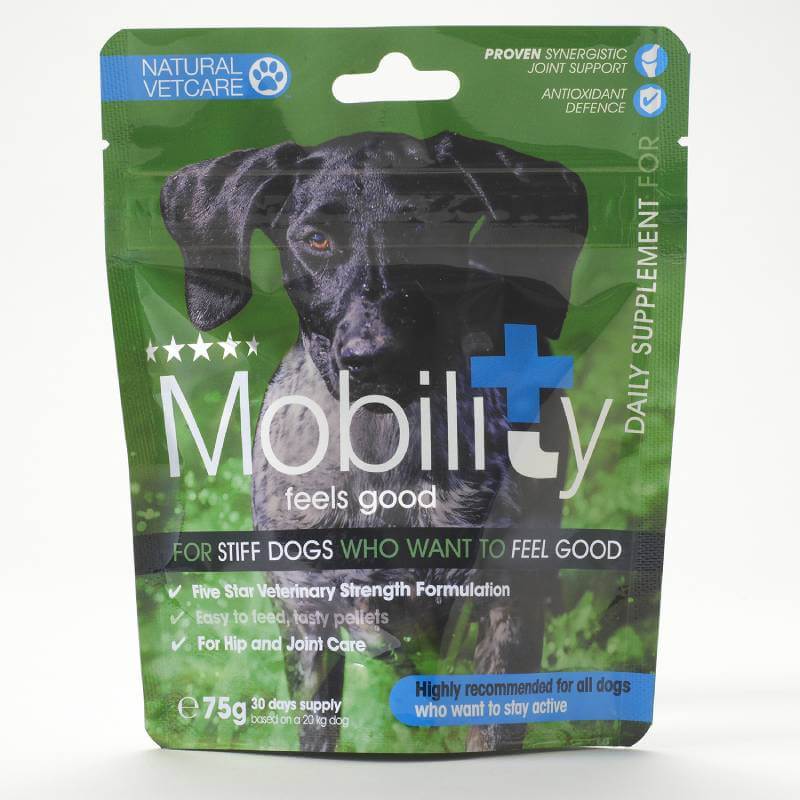 A 75g pack of NAF NVC Mobility joint supplement for dogs, with a black dog on the label.