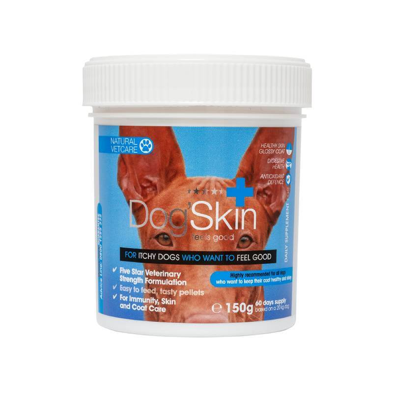 White tub labeled NAF NVC Dogs Skin 150g, with dog ears, featuring omega oils for dogs.