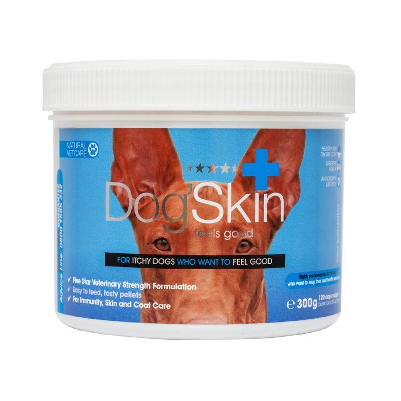 NAF NVC Dogs Skin Large 300g supplement in blue and white tub for dog skin and coat support.