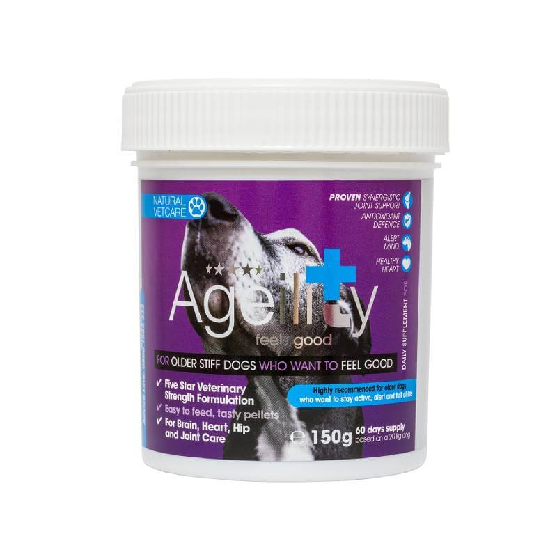NAF NVC Ageility Small 150g for older dogs' joints, with a dog's face on the purple label.