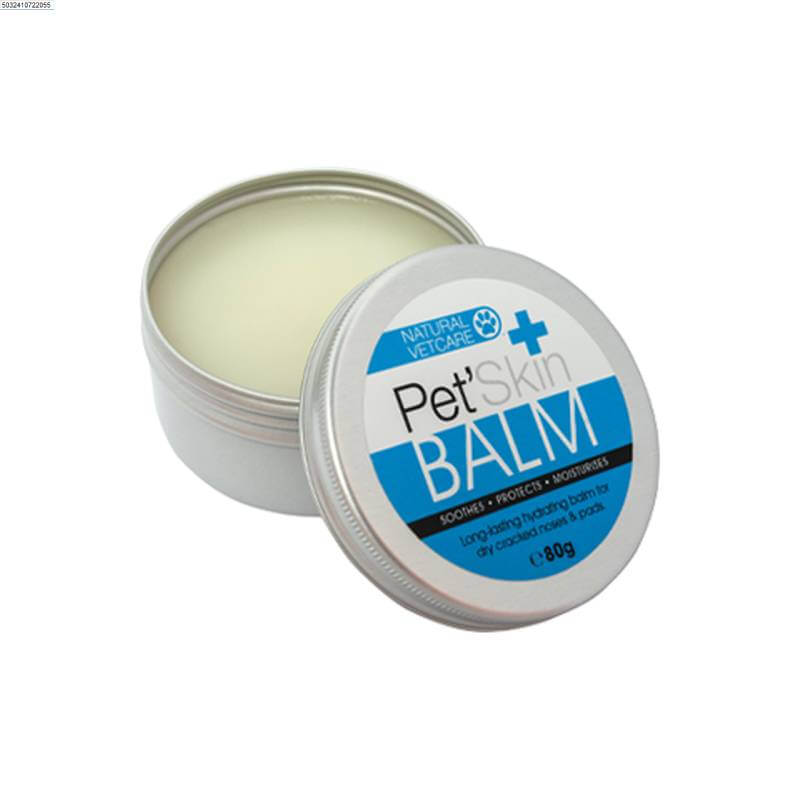 Open NAF NVC Pet Skin Balm 80g tin, label showing ceramide precursors for deep hydration.