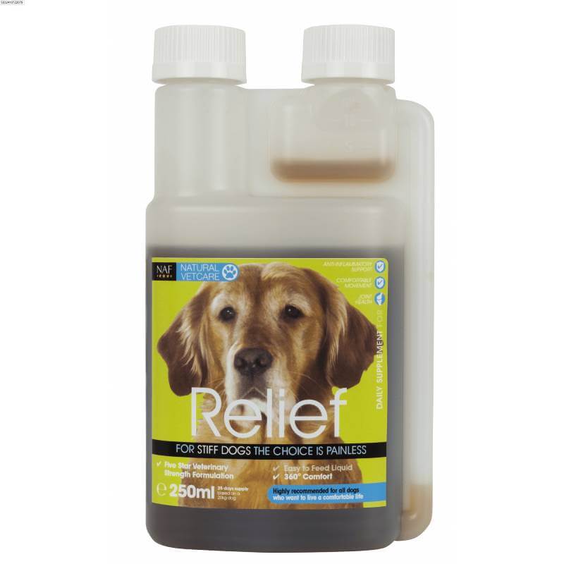 A 250ml bottle of NAF Canine Relief joint supplement for dogs, by NAF.