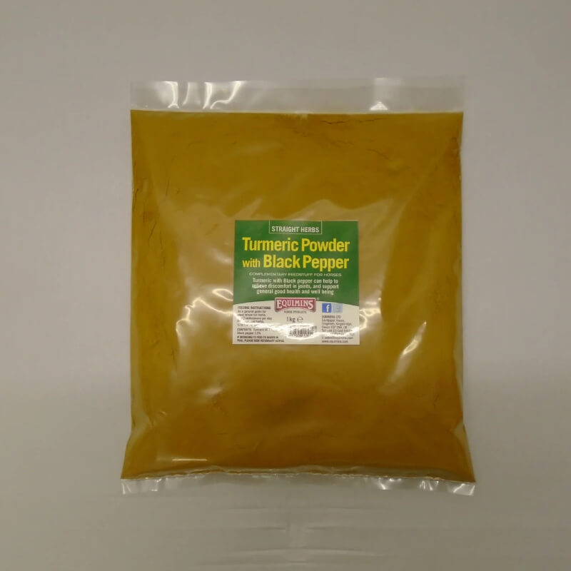 Equimins Ltd Turmeric Powder 1kg for horses with black pepper on a gray surface.