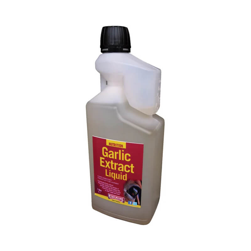 Equimins Garlic Extract Liquid 1Ltr horse supplement in a plastic bottle with black cap.