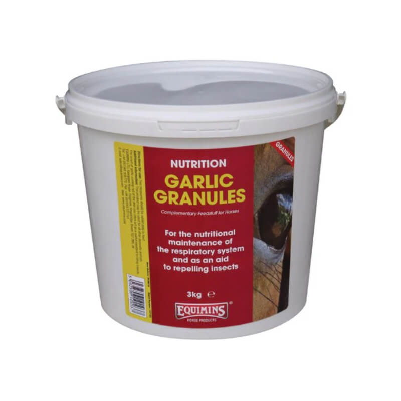 Equimins Ltd Garlic Granules Tub 3kg with red and yellow packaging for horses.