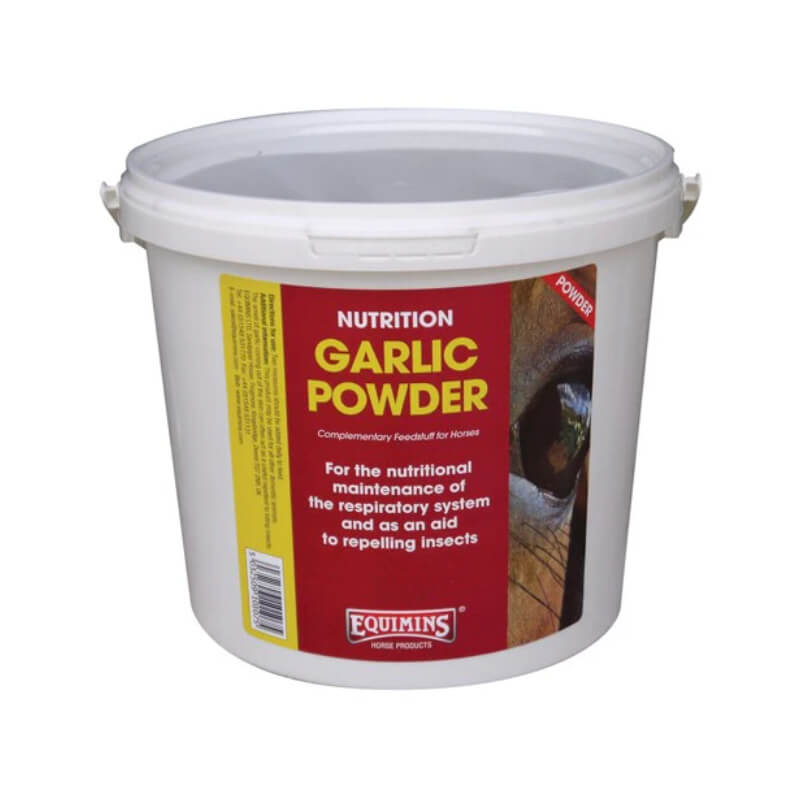 Equimins Garlic Powder 500g for horses; supports digestion. Brand: Equimins Ltd.