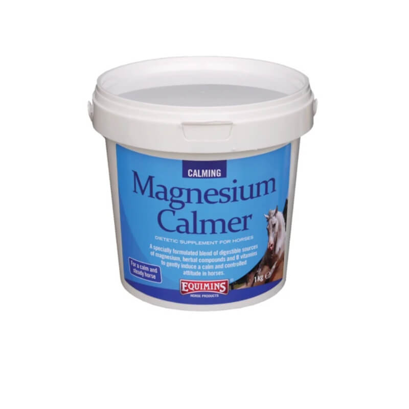 Equimins Ltd Magnesium Calmer 1kg tub for horses with blue label.