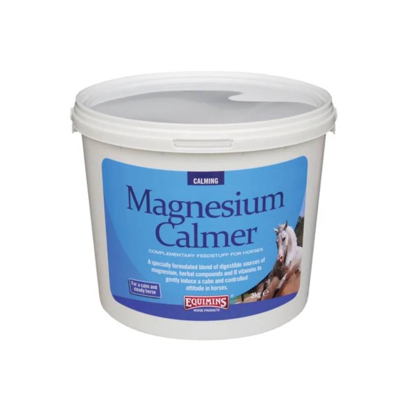 Equimins Ltd Magnesium Calmer 3kg tub for horses with a blue and white design.