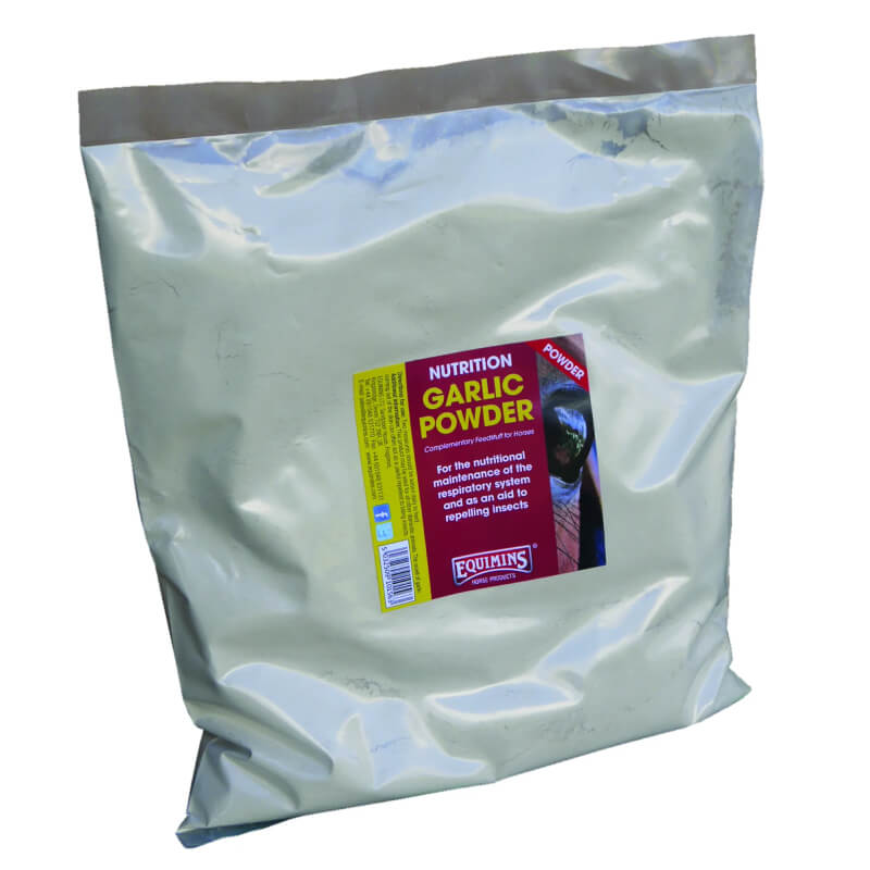 Equimins Ltd Garlic Powder 3kg Refill in a sealed bag with a red and yellow label.