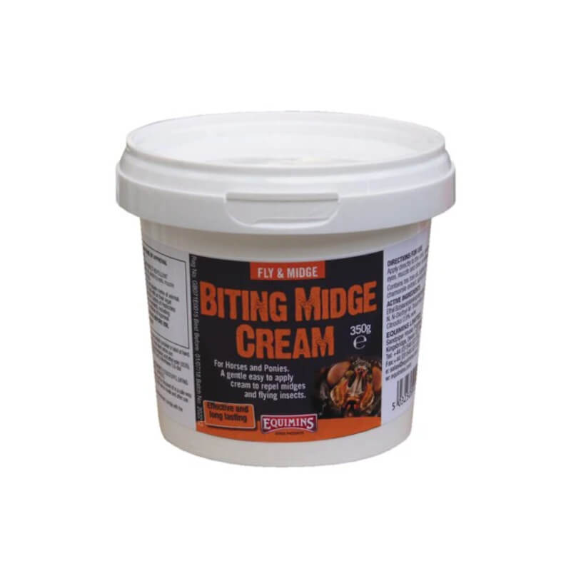 Equimins Ltd Biting Midge Cream 350g tub for horses and ponies, orange and black text.