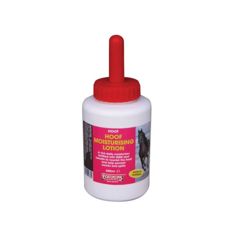 Equimins Ltd Hoof Moisturising Lotion 400ml with red applicator for hydrating hooves.