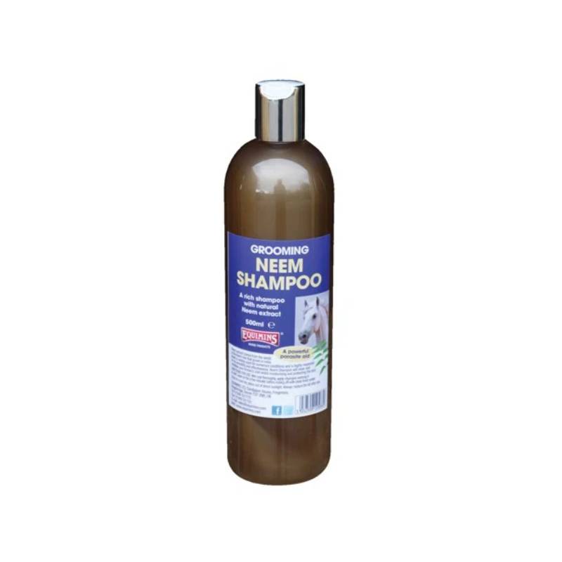 Equimins Neem Shampoo: brown bottle with blue label and silver cap, ideal for horse coat care.