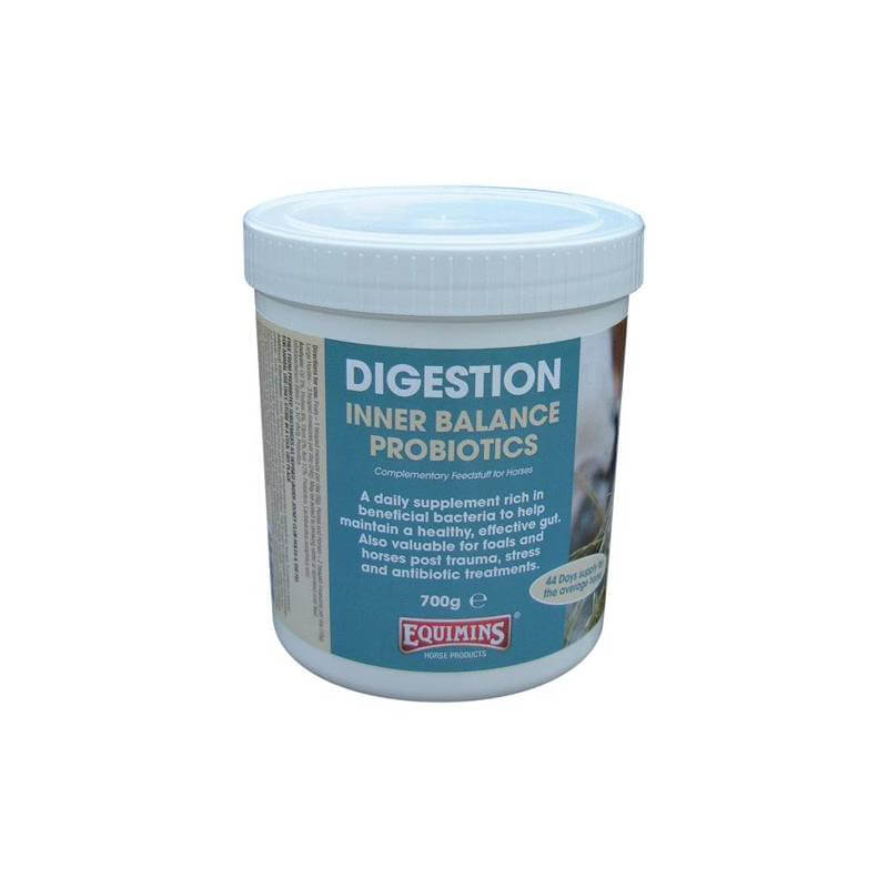 A 700g white tub of Equimins Inner Balance Probiotics by Equimins Ltd for equine gut health.