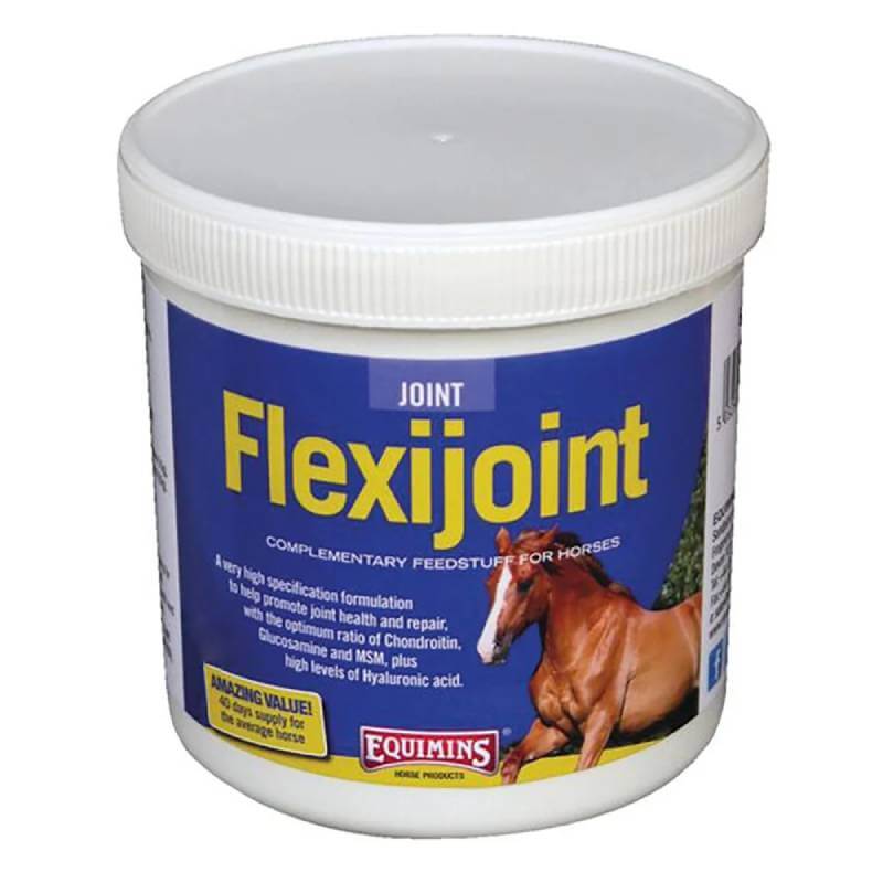 Equimins Flexijoint tub with blue label—joint care supplement for horses from Equimins.
